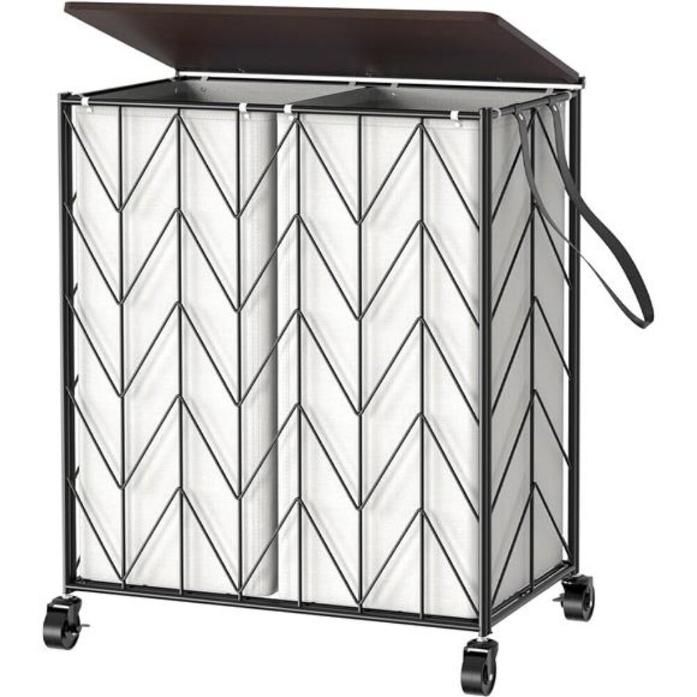 Laundry Basket with Wheels,HeavyDuty Laundry Hamper with Wood Lid,Clothes Hamper
